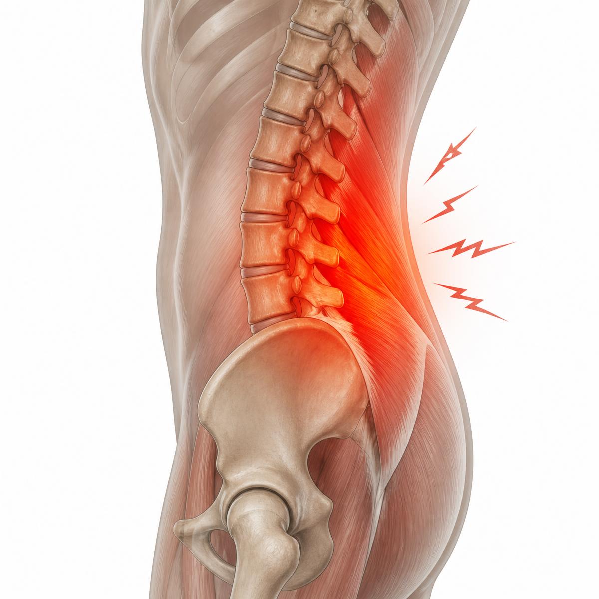 Inflamed lower back muscles with red pain hotspot